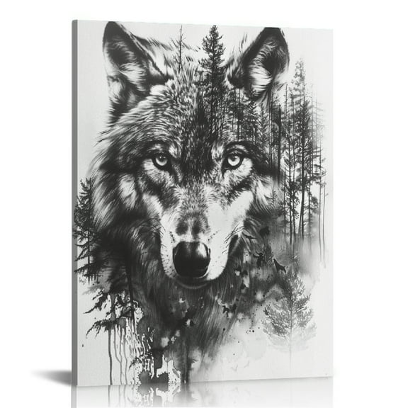 JRXY Wild Wolf Wall Art Black and White Abstract Animal Forest Trees Waterfall Canvas Print Modern Painting for Home Office Decor, 1709012586039591 12x16 in