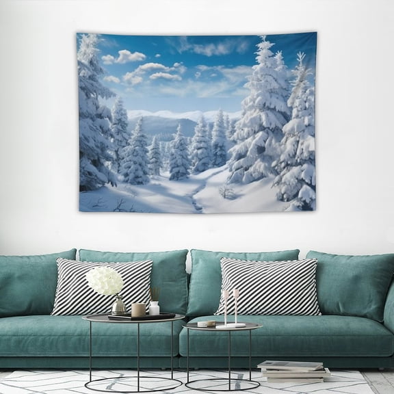 JRXY Winter Forest Tapestry Wall Hanging Pine Trees in Snowy Forest Christmas Snowflake White Cloud Blue Sky 40x30 Inch 40x30in