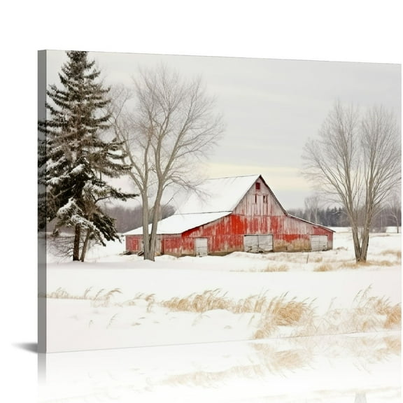 JRXY Winter Scenes Pictures Old Red Barn Canvas Wall Art Winter House Painting Winter Barn Prints Snow Scenery Wall Art Christmas Winter Poster Rustic Red Barn Canvas Snowy Landscape Wall Art 20x16in