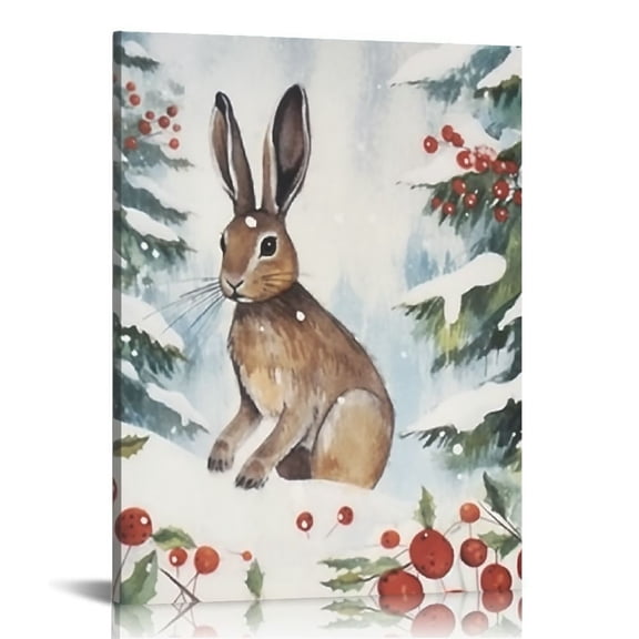 JRXY Winter Snowy Trees Wild Animals Bird Hare Fox Canvas Wall Art Prints, Christmas Watercolor Paintings, 12x16 Inches, Christmas Themed Decor for Home 12x16 in