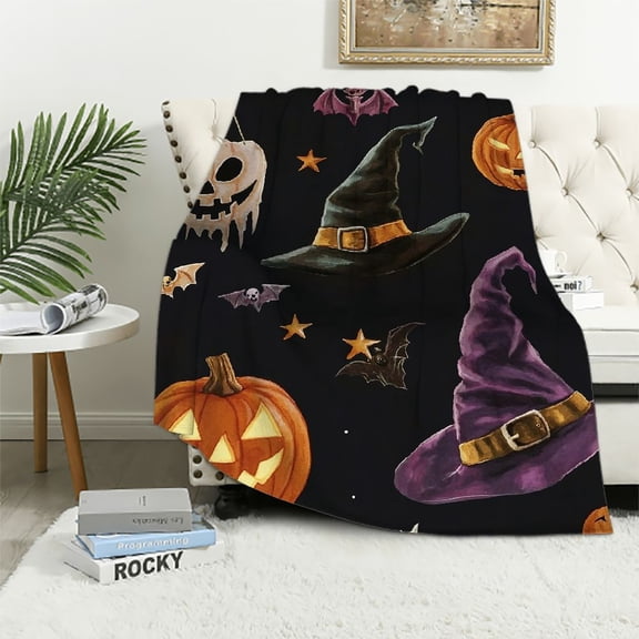 JRXY Witch Blanket Throw Lightweight Super Soft Cozy Blankets for Couch Bed Sofa Chair, Witch Hat Pumpkin Theme for All Seasons, Anti-Pilling Flannel Fleece 40x50in