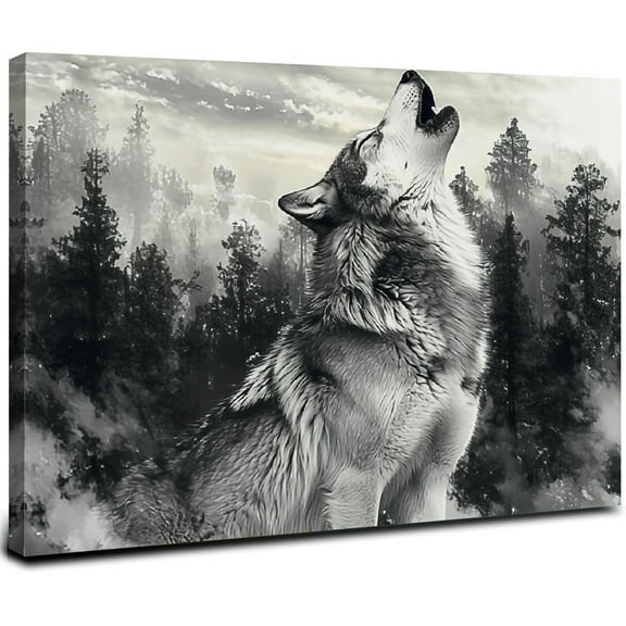 JRXY Wolf Canvas Wall Art Forest Animal Picture Paintings Black and White Wolves Prints Artwork for Living Room Bedroom Bathroom Decor Ready to Hang 20x16inch