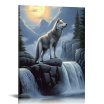 JRXY  Wolf Canvas Wall Art - Wolf Howling At Stone At Night Pictures - Christian Wolf Painting Wall Decor-Wolves Posters Home for Living Room Bedroom Bathroom Decoration 12x16 in
