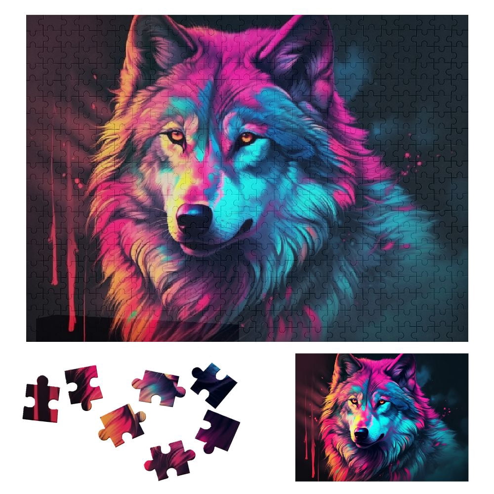 JRXY Wolf Colorful Background Furry Art Wooden Puzzle for Adults and ...