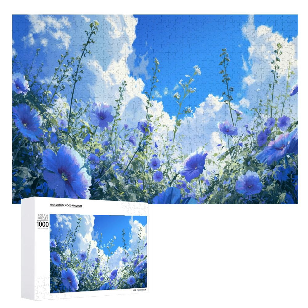 JRXY Wooden Jigsaw Puzzle - Cartoon Painting of Flowers and Blue Sky ...