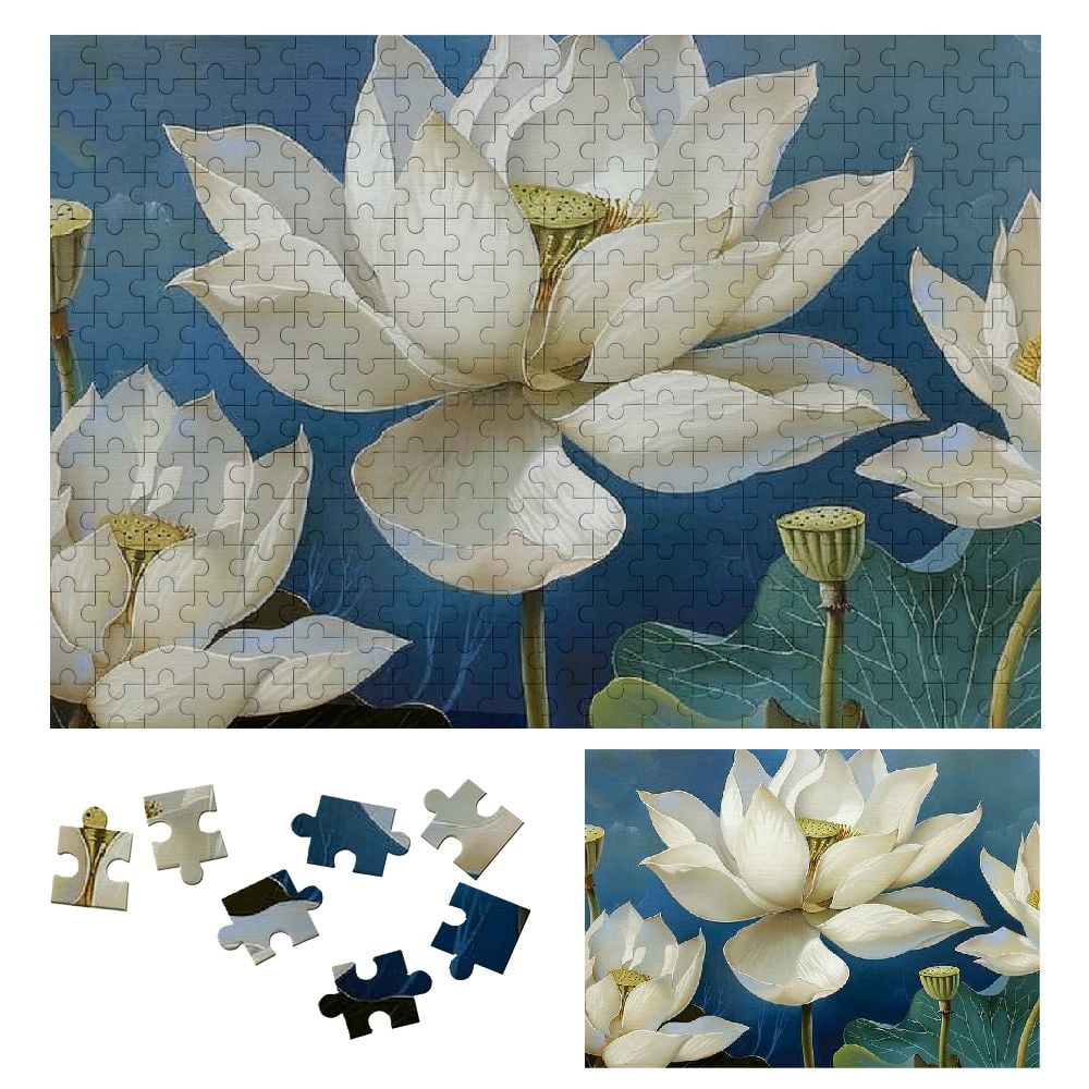 JRXY Wooden Jigsaw Puzzle - White Flowers Blue Background Yellow Center ...