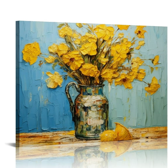 JRXY Yellow Flower in Vase Wall Arts - Hand Painted Still Life Canvas Oil Paintings - Modern Botanical Pictures for Living Room Bedroom Bathroom Decor 20x16in