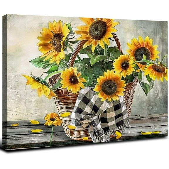 JRXY  Yellow Sunflower Wall Art Funny Inspirational Canvas Wall Art for Bathroom Butterfly and Bee on Rustic Floral Painting Wood Framed Prints Wall Decor for Living Room Bedroom Dorm 20x16inch
