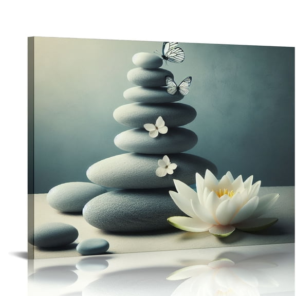 JRXY Zen Water Lily Canvas Wall Art, White Flower and Butterfly Stone in Water Wall Art for Living Room, Asian Spa Pictures Framed Wall Art Ready to Hang for Bedroom Bathroom Wall Decor 16x12in