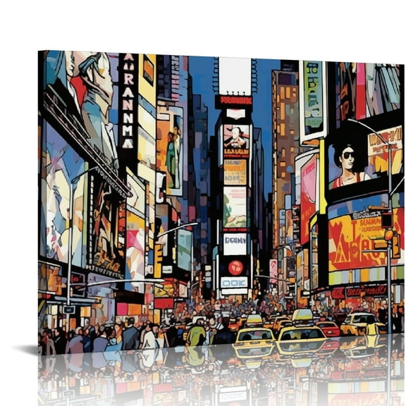 JRXY colorful picture of the streets in New York city times square canvas wall art stretched on wood frame 16x12in