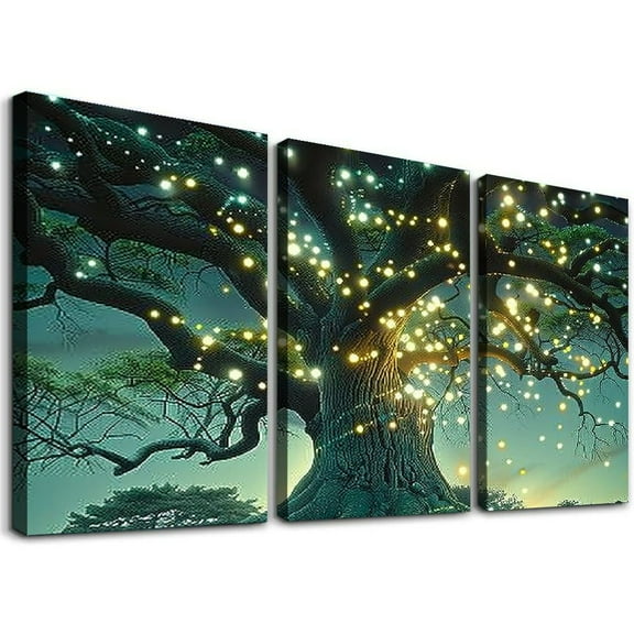 JRXY tree of life canvas wall art nature landscape fantasy forest water reflection fairy core green Bedroom living room office Wall Art vertical Hanging Removable Art Print wall decor,3 pcs 12x16x3pcs