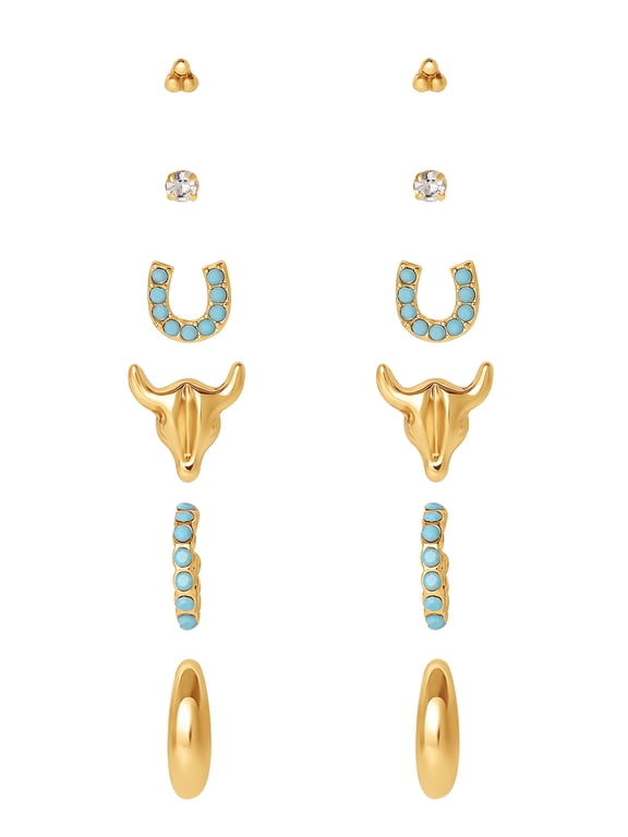 Womens Faux Turquoise Earrings Set, 6 Pairs Mixed Fashion Stud and Drop Earrings Collection