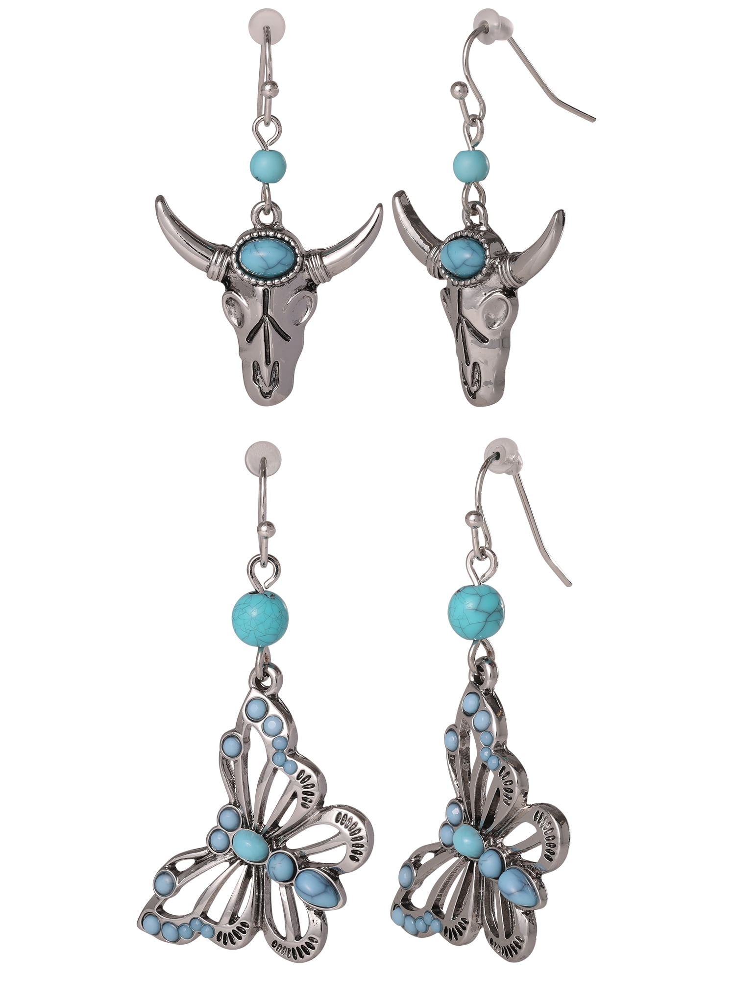 Jessica Simpson Women’s Faux Turquoise Bull and Butterfly Dangle Drop Earring Set, 2-Pair