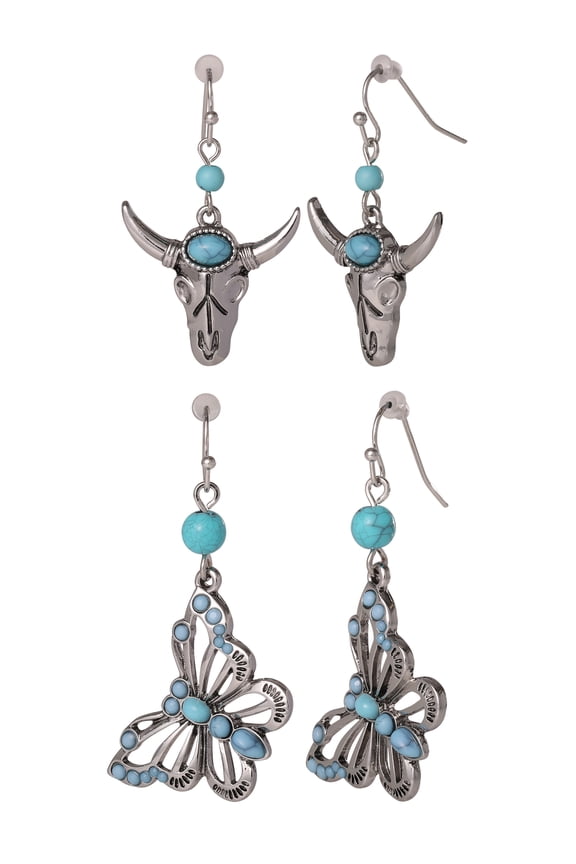 Womens Faux Turquoise Bull and Butterfly Dangle Drop Earring Set, 2-Pair
