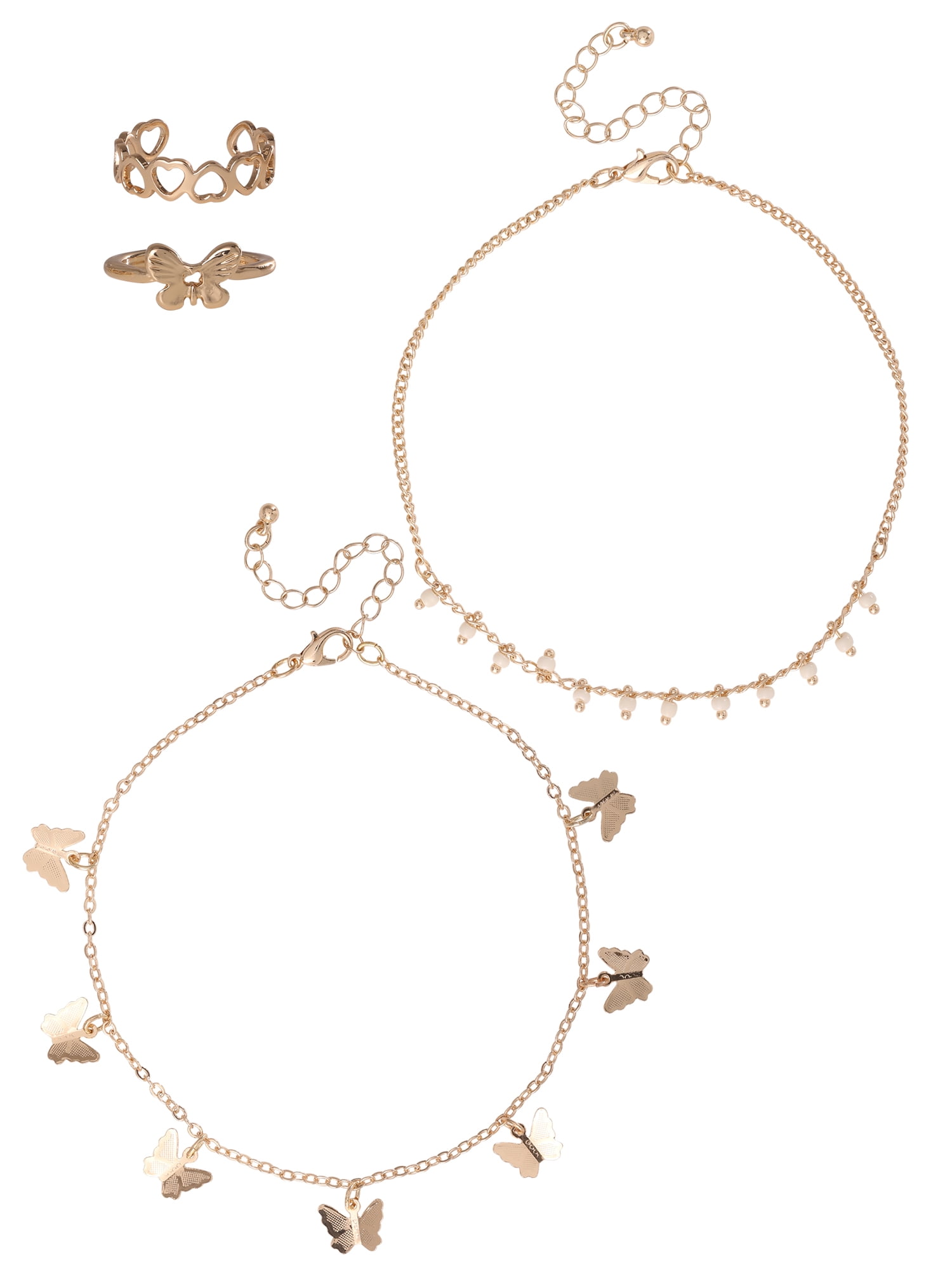 Jessica Simpson Women's Butterfly Anklet and Toe Ring Set, 4-Piece