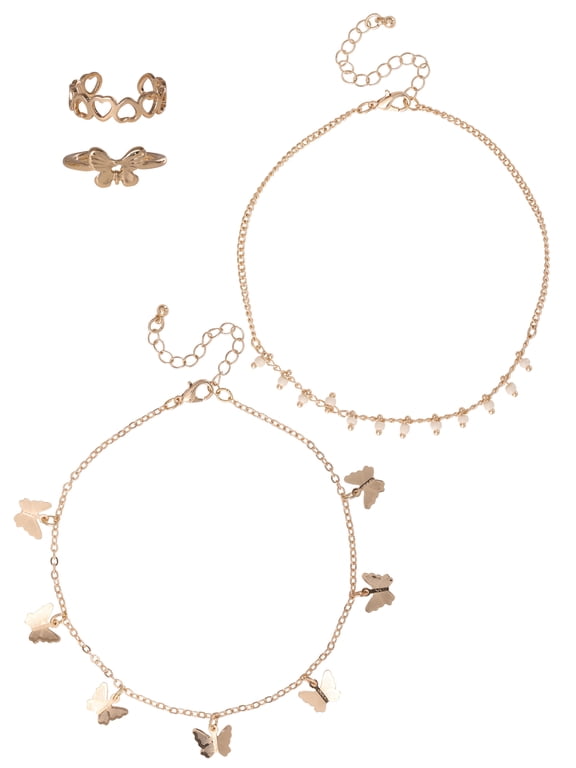 Women's Butterfly Anklet and Toe Ring Set, 4-Piece