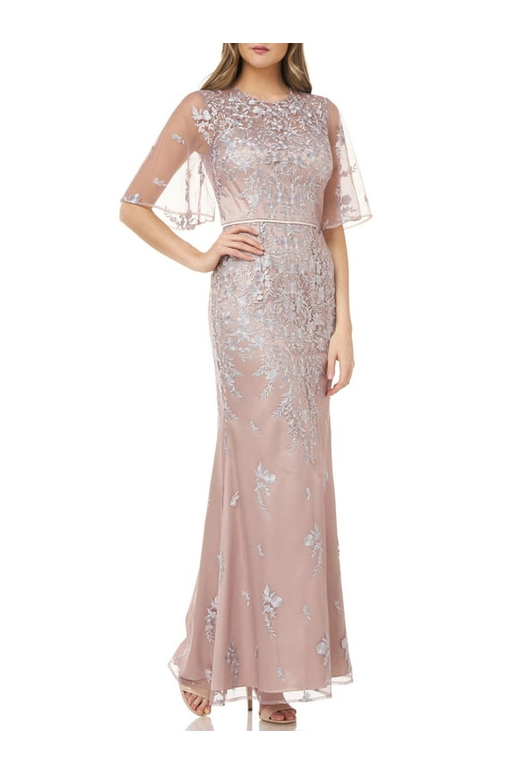 JS COLLECTION Womens Beige Embroidered Sheer Gown Short Sleeve Jewel Neck Maxi Evening Dress 14