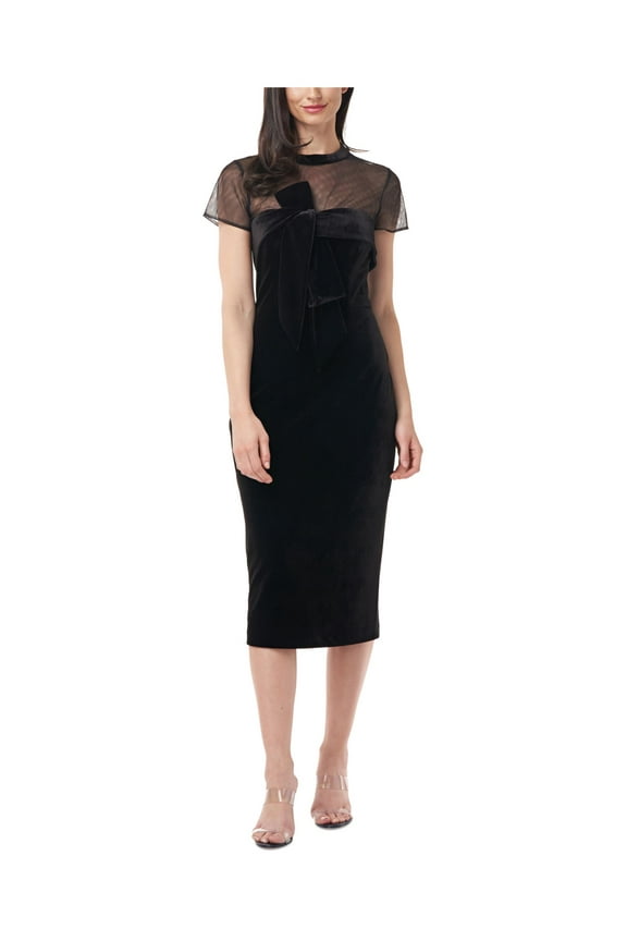 JS COLLECTION Womens Black Slitted Lined Short Sleeve Illusion Neckline Midi Evening Body Con Dress 4