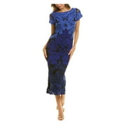 JS COLLECTION Womens Blue Embellished V-back, Partially Lined Short Sleeve Jewel Neck Midi Evening Sheath Dress 2