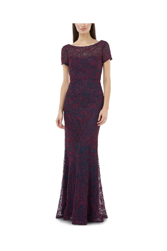 JS COLLECTION Womens Burgundy Short Sleeve Illusion Neckline Full-Length Evening Mermaid Dress 4