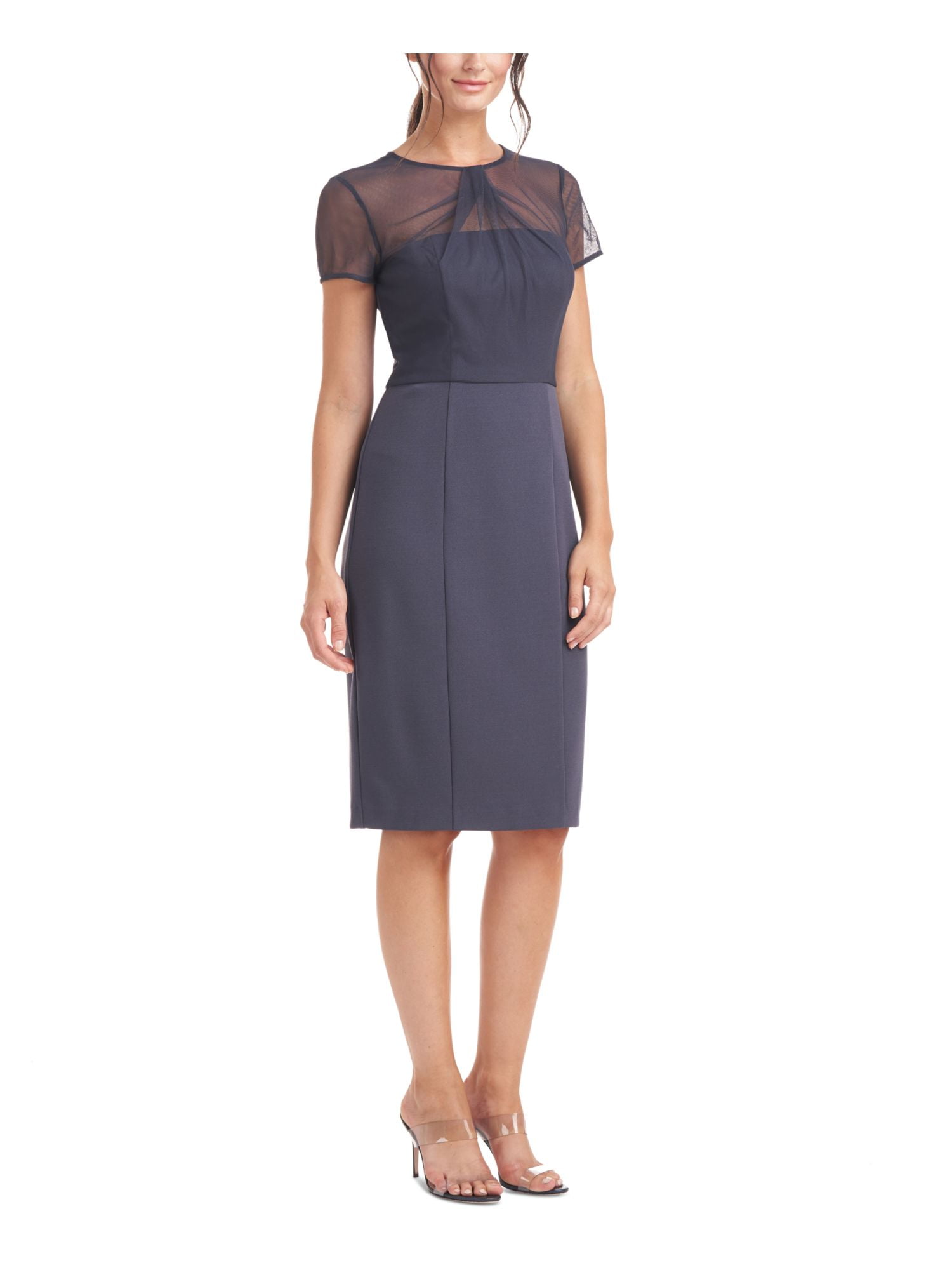 JS COLLECTION Womens Embroidered Elbow Sleeve V Neck Below The Knee Wear To Work Sheath Dress