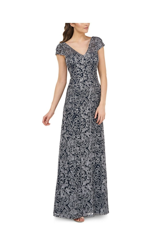 JS COLLECTION Womens Navy Embellished Textured Patterned Short Sleeve V Neck Full-Length Formal Fit + Flare Dress 6