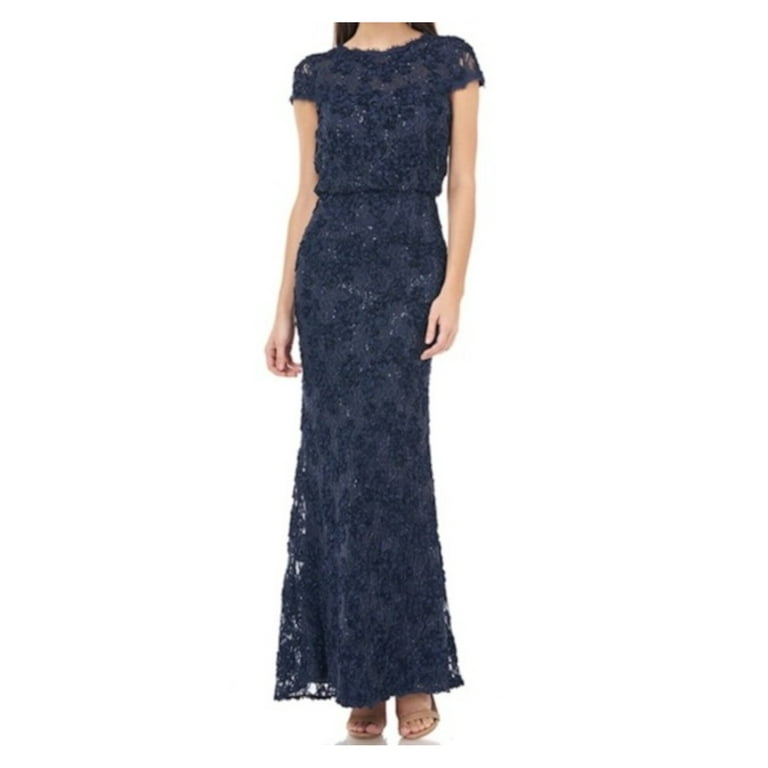 JS COLLECTION Womens Navy Lace Zippered Soutache Embroidered Gown Short Sleeve Crew Neck Maxi Formal Blouson Dress 6 Walmart