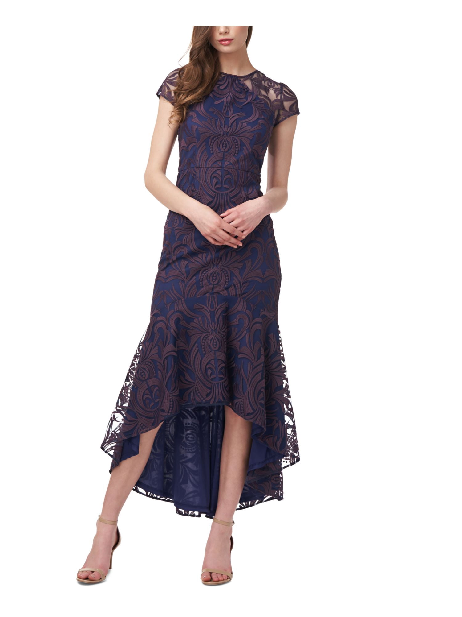 JS Collections Women's Embroidered Mesh Flutter Sleeve Gown - Side Shirring & Slit, Elegant Evening Dress