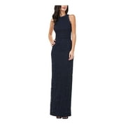 JS COLLECTION Womens Navy Stretch Embroidered Zippered Scalloped Slitted Sleeveless Crew Neck Full-Length Formal Gown Dress 4