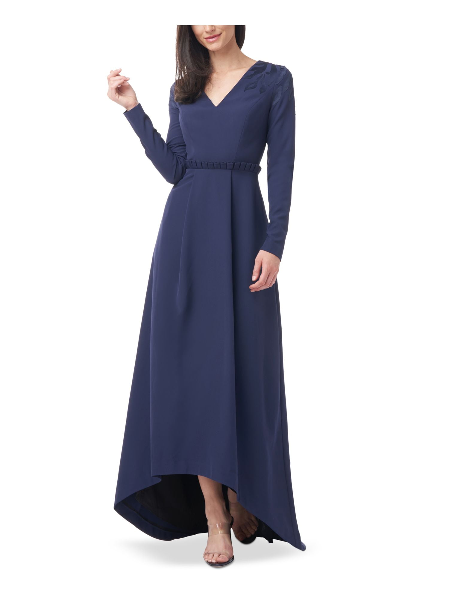 JS COLLECTIONS JS COLLECTION Womens Navy Stretch Zippered Pleated Ruffled Waist Hi-lo Hem Long Sleeve V Neck Full-Length Party Fit + Flare Dress 8