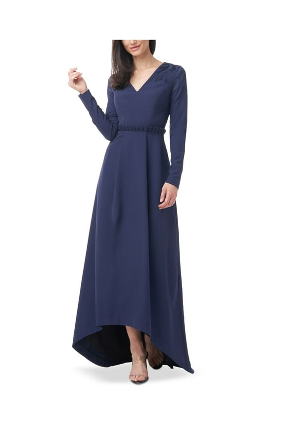 JS COLLECTION Womens Navy Stretch Zippered Pleated Ruffled Waist Hi-lo Hem Long Sleeve V Neck Full-Length Party Fit + Flare Dress 8
