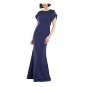 JS COLLECTION Womens Navy Zippered Slitted Bow Detail Cap Sleeves Crew Neck Full-Length Formal Gown Dress 12