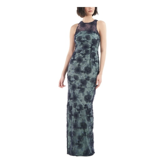 JS COLLECTION Womens Turquoise Embroidered Sequined Mesh Zippered Lined Floral Sleeveless Round Neck Full-Length Evening Sheath Dress 14