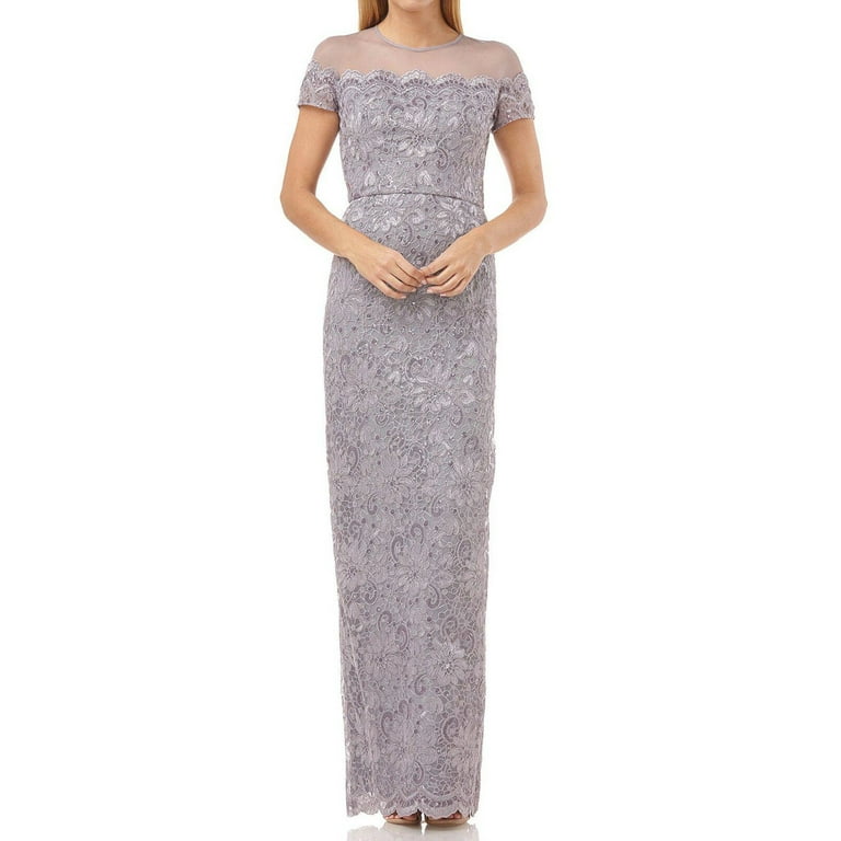 JS COLLECTIONS Womens Gray Zippered Scalloped High Back Slit Lined Short Sleeve Illusion Neckline Full Length Cocktail Sheath Dress 2 Walmart