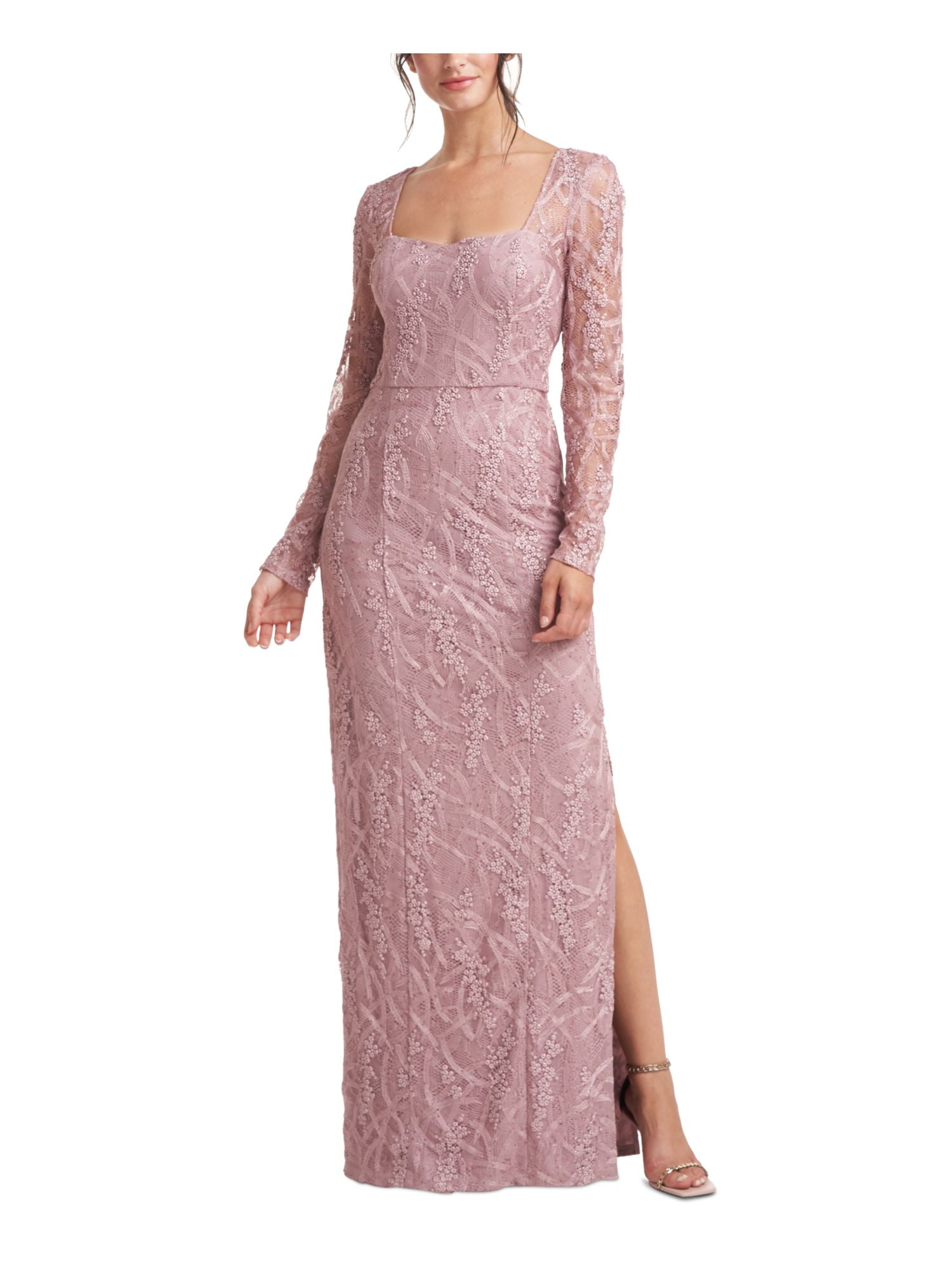 JS COLLECTIONS Womens Pink Embroidered Zippered Sequined Lined Long Sleeve  Square Neck Full-Length Evening Sheath Dress 6 - Walmart.com