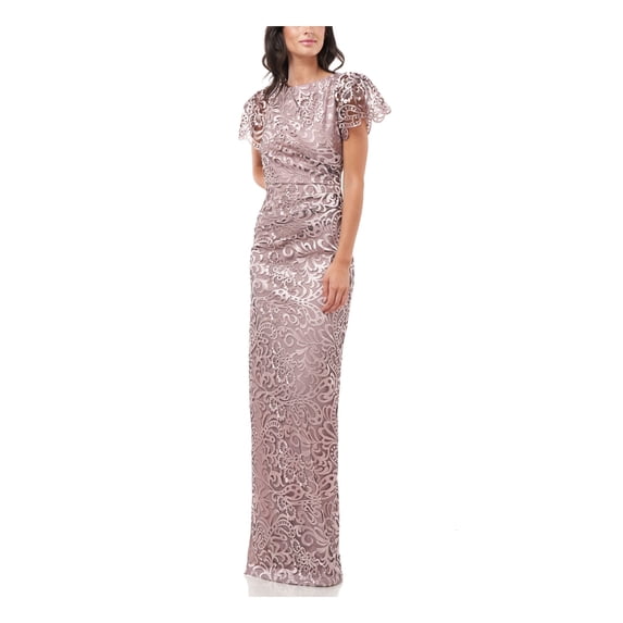 JS COLLECTIONS Womens Pink Pleated Zippered Flutter Sleeve Jewel Neck Full-Length Evening Gown Dress 16