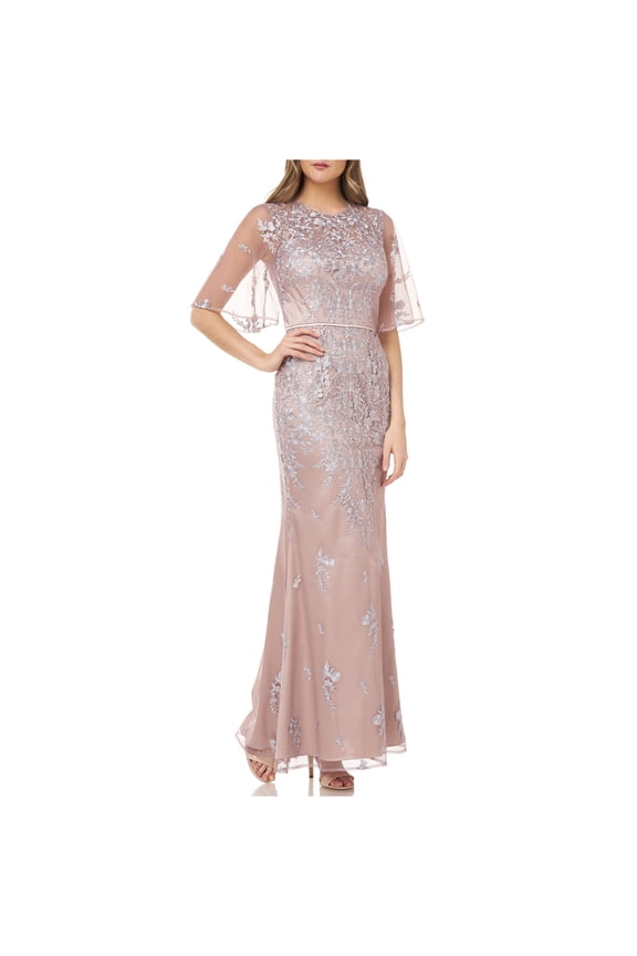 Womens Embroidered Flutter Sleeve Gown Dress, Beige, 14