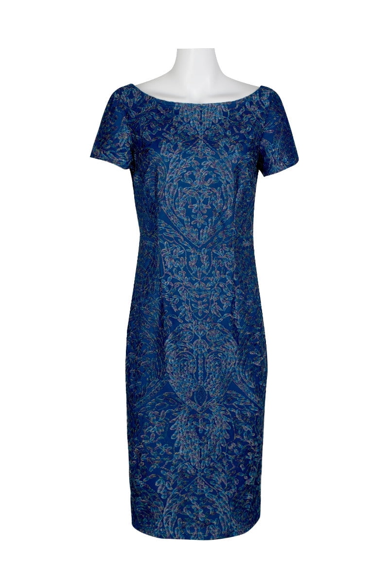 JS Collections Boat Neck Short Sleeve Embroidered Zipper Back Soutache Cocktail  Embroidered Mesh Dress-BLUE MULTI / 14