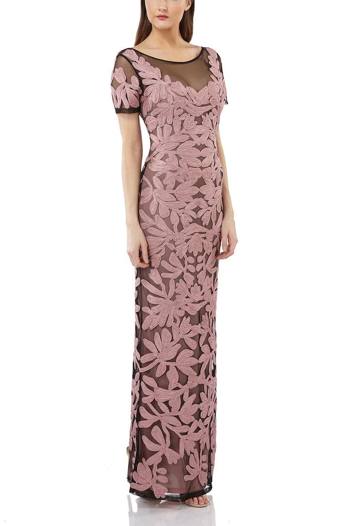 JS COLLECTION Womens Zippered Short Sleeve Boat Neck Full-Length Formal Gown Dress