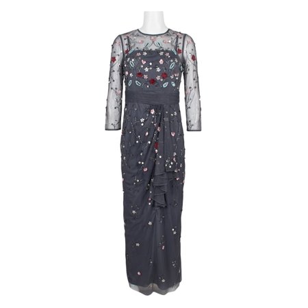 JS Collections Crew Neck Long Sleeve Embellished Ruched Waist Flutter Keyhole Back Mesh Dress-CHARCOAL MULTI