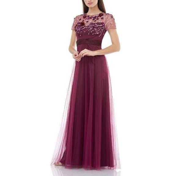 JS Collections Crew Neck Short Sleeve Embellished Bodice Ruched Waist Zipper Back Mesh Dress-JAM MULTI / 10