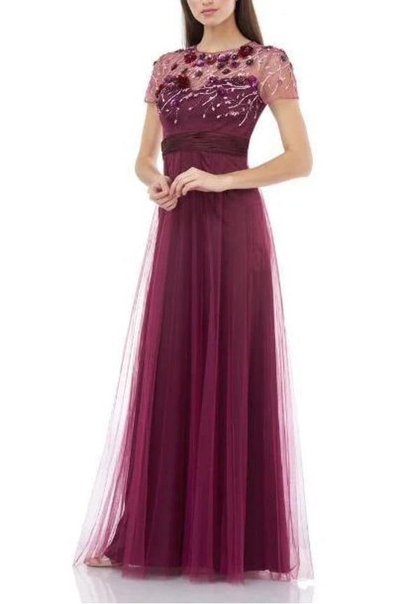 JS Collections Crew Neck Short Sleeve Embellished Bodice Ruched Waist Zipper Back Mesh Dress-JAM MULTI / 2