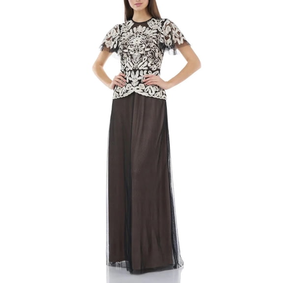 JS Collections Crew Neck Short Sleeve Popover Zipper Back Embroidered Mesh Dress-OYSTER BLACK / 2