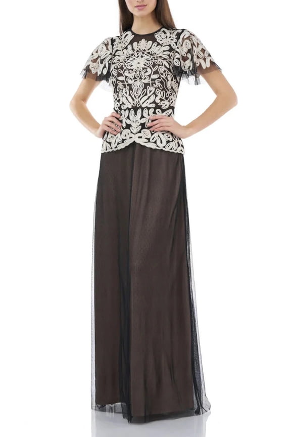 JS Collections Crew Neck Short Sleeve Popover Zipper Back Embroidered Mesh Dress-OYSTER BLACK / 2