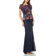 JS Collections Crew Neck Short Sleeve Popover Zipper Back Floral Embroidered Mesh Dress-NAVY FUCHSIA