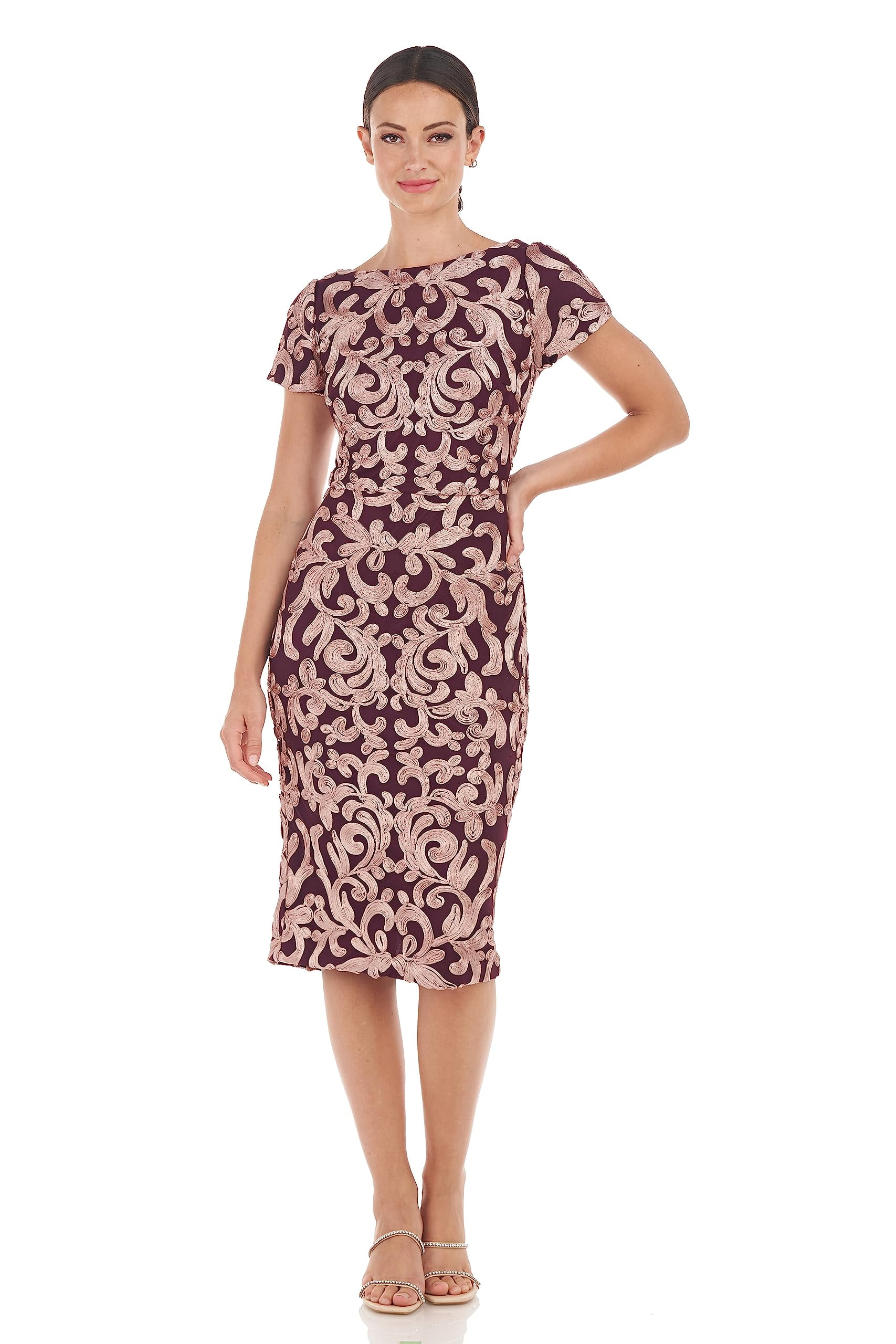 Js Collections Dresses JS Collections Women's Alexa Tea Length Dress -  Soutache Pattern, Boat Neck, Short Sleeves Dillard Dresses For Women