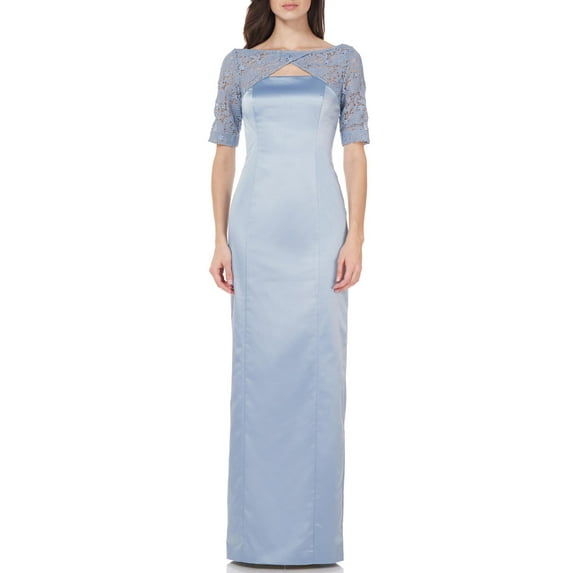 JS Collections Womens Satin Lace Sleeves Evening Dress Blue 10