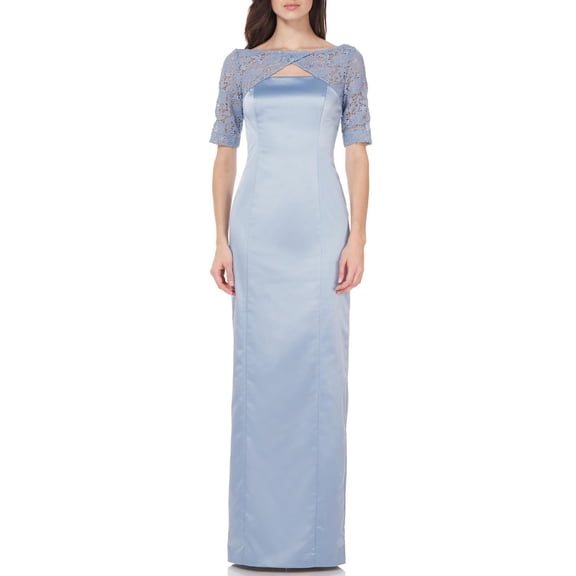 JS Collections Womens Satin Lace Sleeves Evening Dress Blue 2