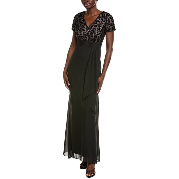 JS Collections womens Eliana Mixed Media Gown, 0, Black