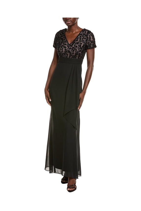 womens Eliana Mixed Media Gown, 2, Black